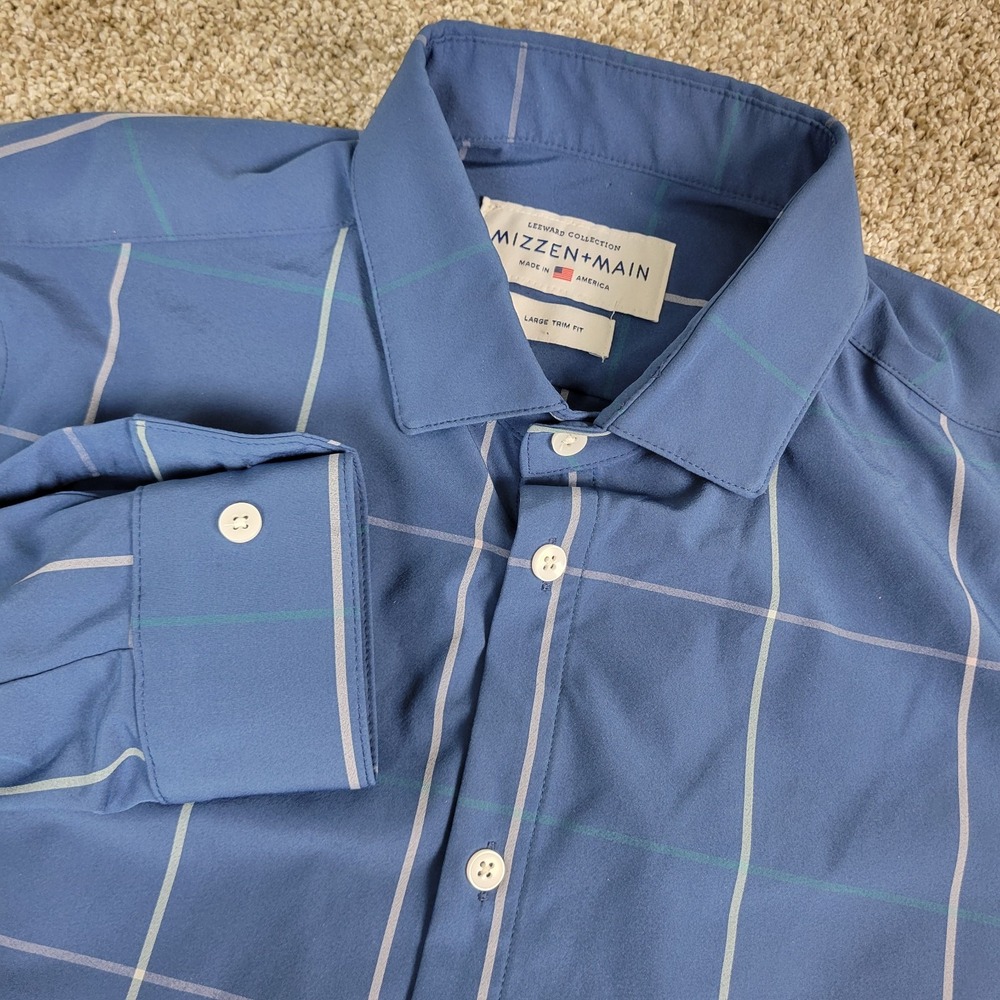 Mizzen + Main Leeward Mens Large Blue Plaid Performance Button Up LS USA Made